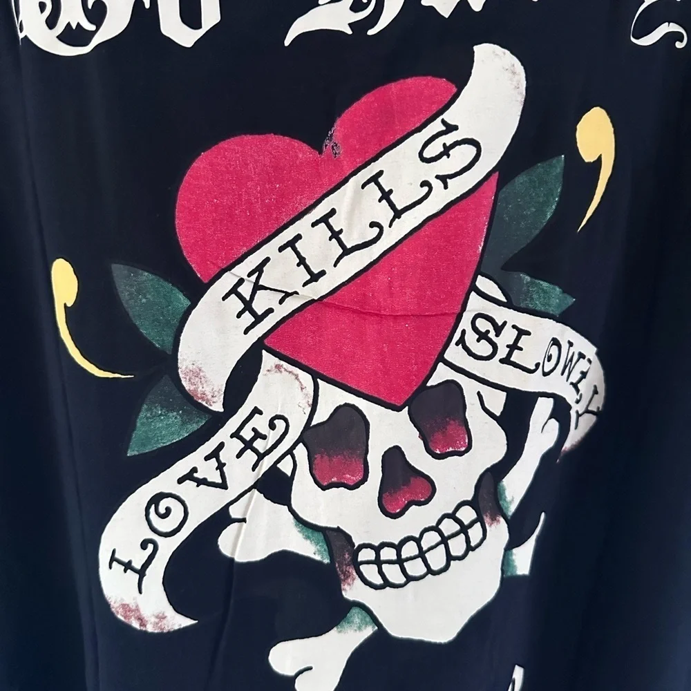 Ed Hardy Love Kills Slowly Woven Black Short Sleeve Button Up Camp Shirt XL - Picture 10 of 15